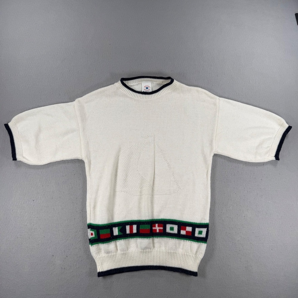 Sweater Bazaar Vintage Nautical Sailboat Flag Knit Top Short Sleeve Cream Medium